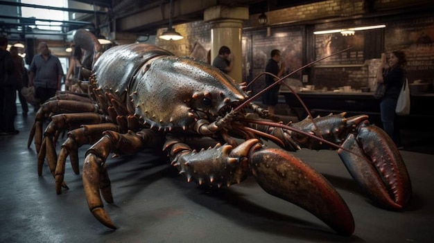 Un homard géant est exposé dans un magasin.