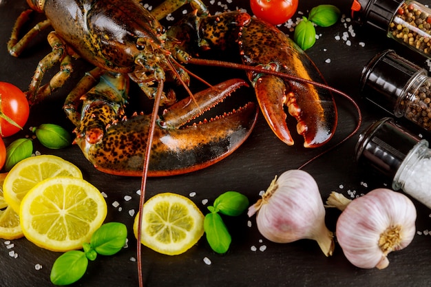 Homard non cuit sur planche de pierre noire avec épicé.