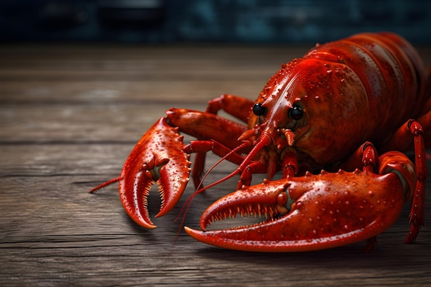 Un homard rouge est assis sur une table en bois.