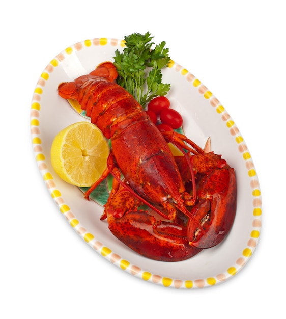 Homard rouge avec persil lemond ad sur mur blanc