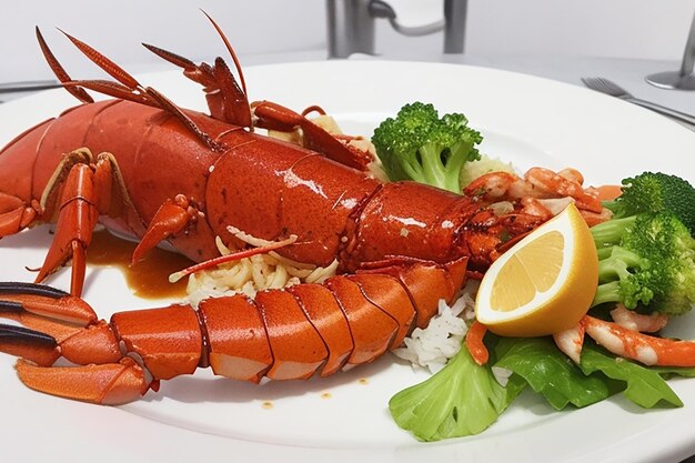 homard servi avec des crevettes tigre et des sauces