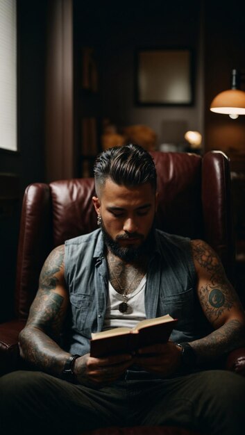 Photo hombre tatuado leyendo un libro en un sillon