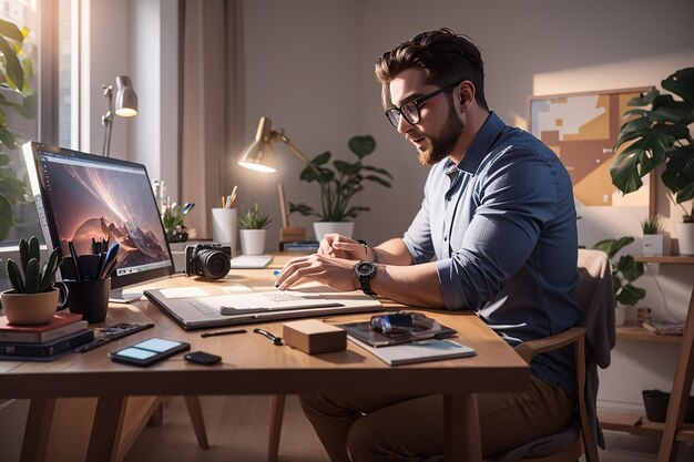 Home Office Un homme immergé dans le monde créatif de la photographieÉdition Création de visuels intemporels