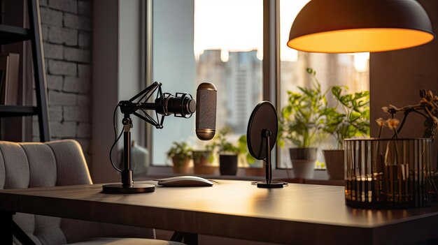 Photo home studio podcast intérieur microphone portable et sur lampe à air sur la table génératif ai