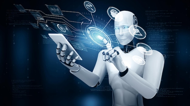 L'hominoïde robot XAI utilise un téléphone portable ou une tablette pour l'analyse de grandes données