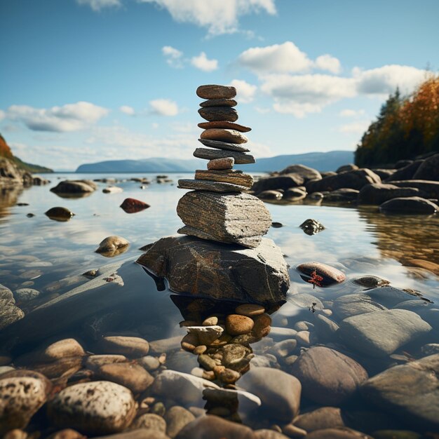 Hommage au rivage Des pierres empilées créent une pyramide sur le bord de la côte surplombant les vagues