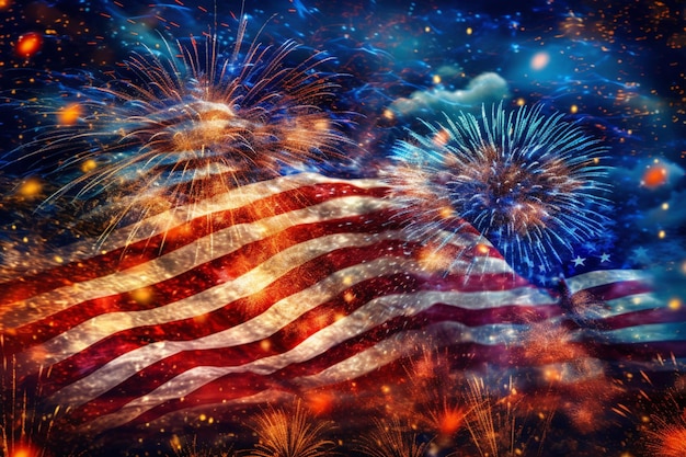 Hommage vibrant Le drapeau des États-Unis et un éventail éblouissant de feux d'artifice colorés