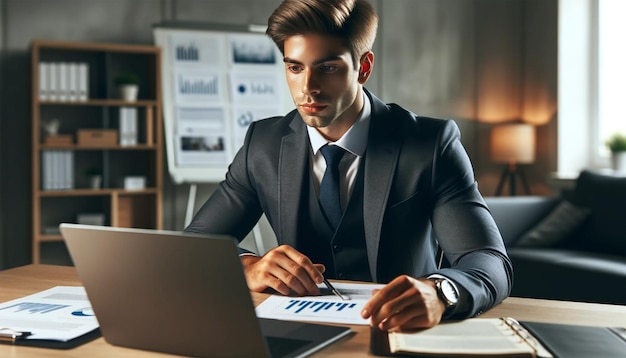 Un homme de 26 ans avec des lunettes assis à un bureau devant son ordinateur portable