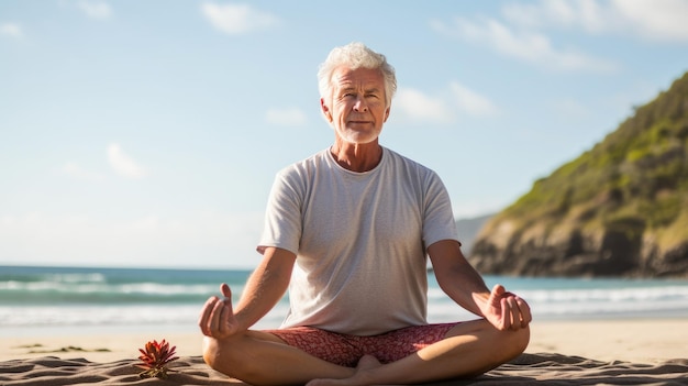 Photo un homme de 80 ans pratique le yoga sur une plage avec l'océan en arrière-plan