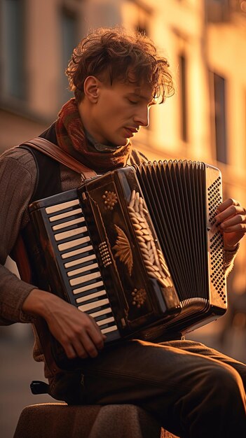 un homme avec un accordéon dans les mains joue avec un bâtiment en arrière-plan