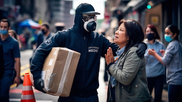 Un homme d'accouchement avec un masque médical et une femme.