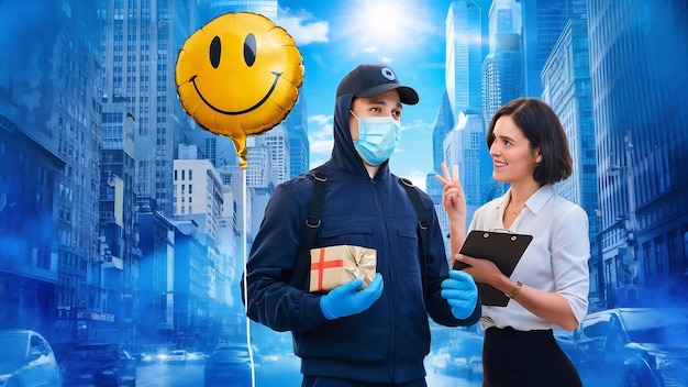 Photo un homme d'accouchement avec un masque médical et une femme.