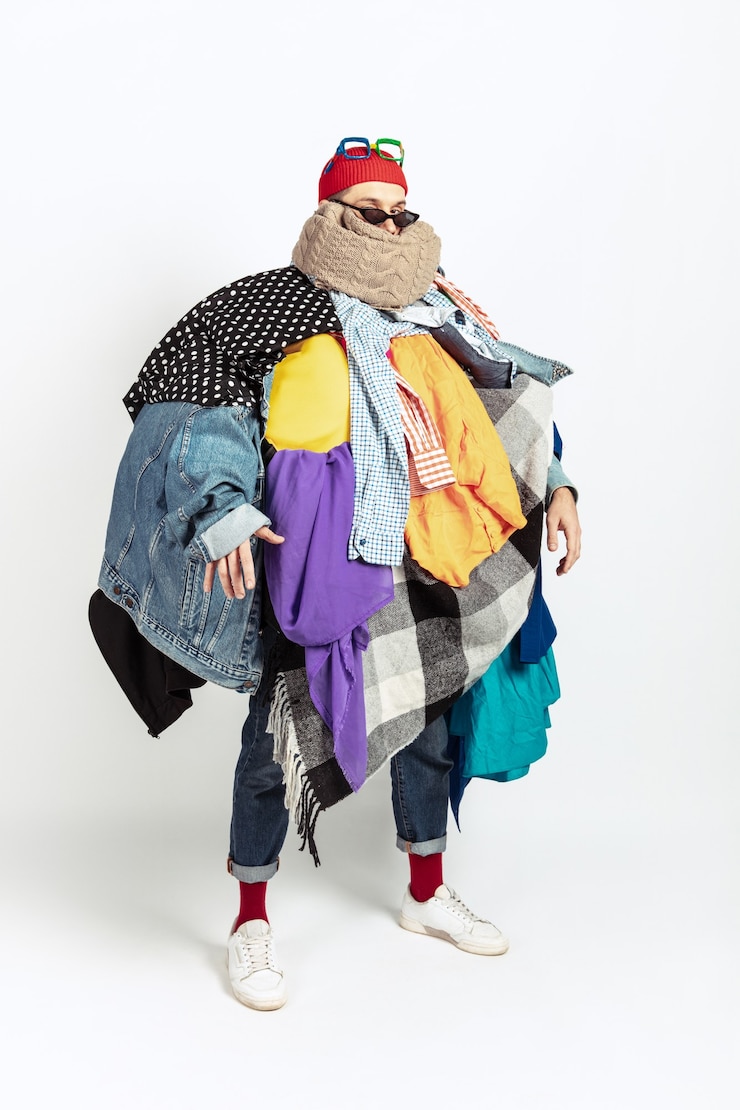 Photo homme accro aux soldes et aux vêtements, à la surproduction et à la demande folle