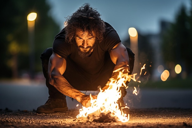 Photo un homme accroupi allume un feu de joie.