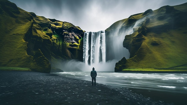 Un homme admire la beauté de la cascade emblématique de Skogafoss