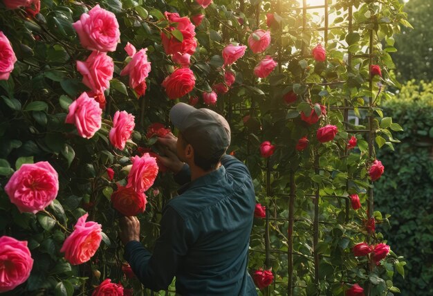 Un homme admire soigneusement les roses dans un jardin en fleurs l'attention aux fleurs suggère une passion