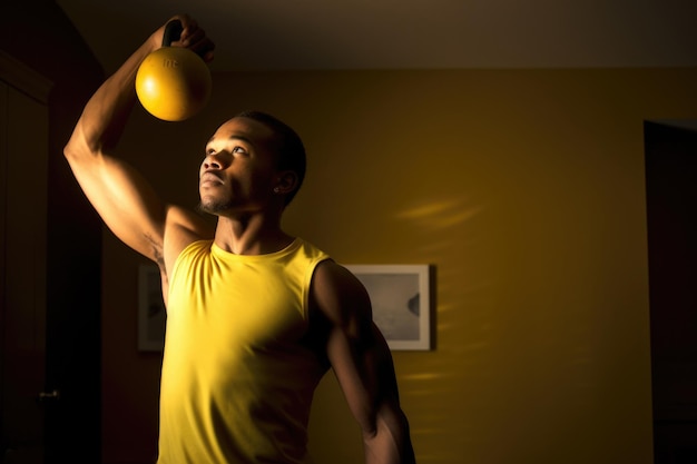 Homme adulte afro-américain faisant de l'exercice avec des poids en bonne santé IA générative AIG23