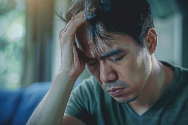 Homme adulte en Asie souffrant de dépression et de maux de tête