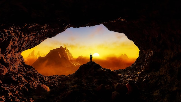 Homme adulte aventureux debout à l'intérieur d'une grotte rocheuse paysage de montagnes rocheuses en arrière-plan