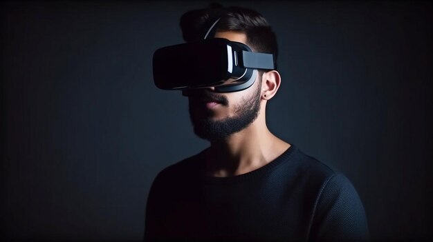 Un homme adulte barbu portant des vêtements décontractés et un casque VR est montré dans un studioGenerative AI