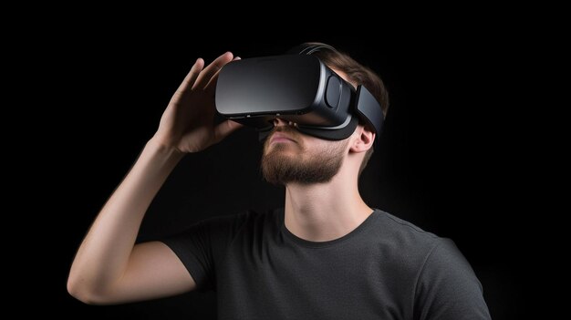 Un homme adulte barbu portant des vêtements décontractés et un casque VR est montré dans un studioGenerative AI