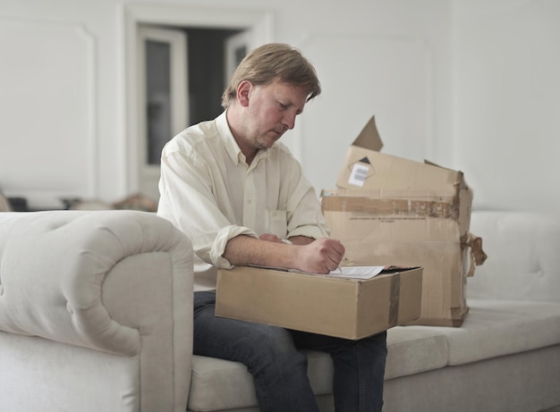 Un homme adulte écrit des notes pour les envois de boîtes