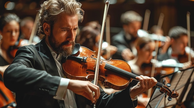 Un homme adulte joue du violon dans un orchestre symphonique sur un fond flou