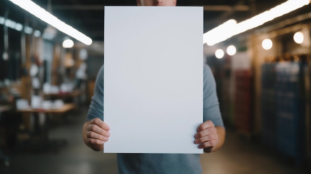 Photo un homme adulte montre une feuille de papier blanche sur un fond flou