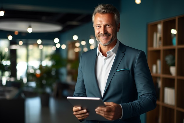 Homme adulte moyen utilisant une tablette numérique alors qu'il travaille au bureau