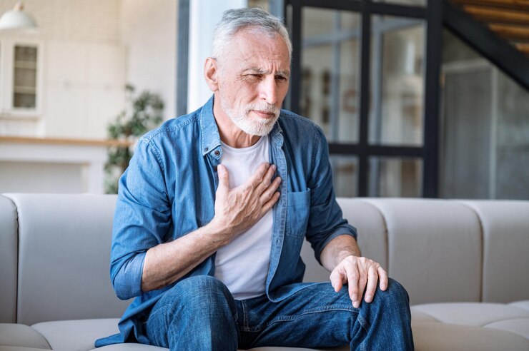 Photo homme adulte souffrant d'asthme, de troubles respiratoires
