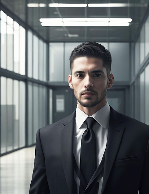 Un homme adulte en veste noire se tient devant le bureau