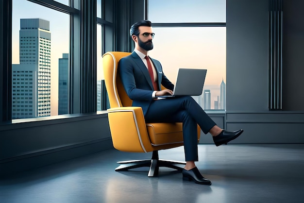 Un homme d'affaires en 3D assis dans une chaise avec un ordinateur portable avec un concept d'entreprise