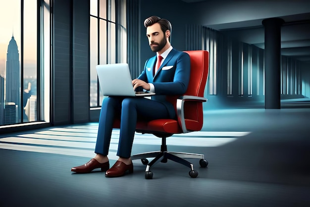 Un homme d'affaires en 3D assis dans une chaise avec un ordinateur portable avec un concept d'entreprise
