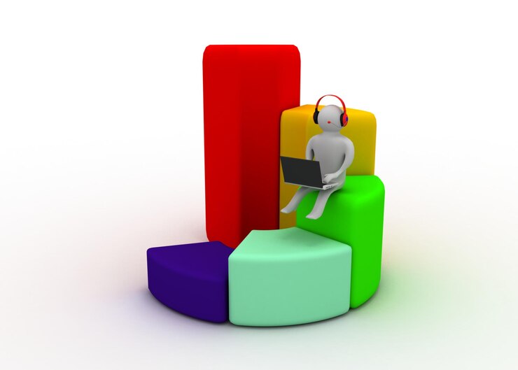 Photo homme d'affaires 3d assis sur un graphique d'entreprise