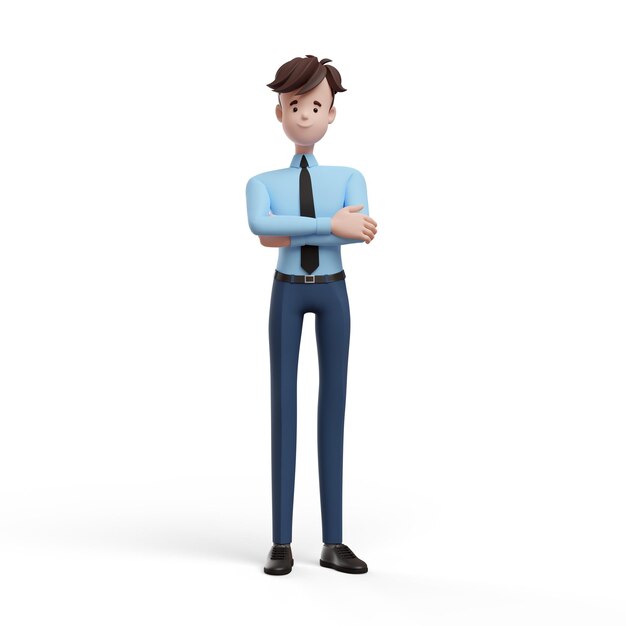 Homme d'affaires 3D avec les mains croisées Portrait d'un gars drôle de bande dessinée dans une chemise et une cravate Gestionnaire de personnage directeur agent agent immobilier Illustration 3D sur fond blanc