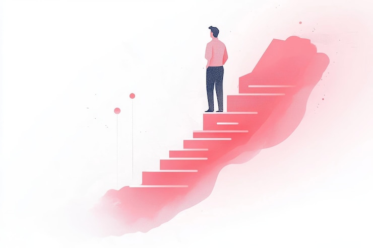 Photo un homme d'affaires abstrait montant un escalier rose vibrant représentant la progression de sa carrière et sa vie personnelle.