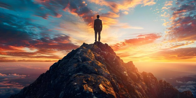 Un homme d'affaires admirant une scène de coucher de soleil à couper le souffle du sommet d'une montagne Concept Homme d'affaires Au sommet de la montagne Coucher de soleil Contemplation