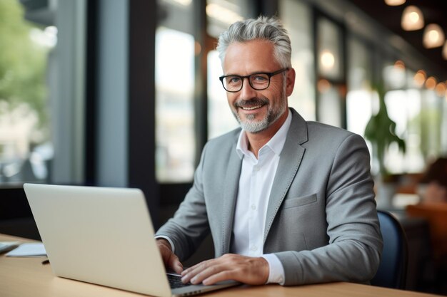 Un homme d'affaires adulte souriant assis à son bureau avec un ordinateur portable, un professionnel heureux et occupé.