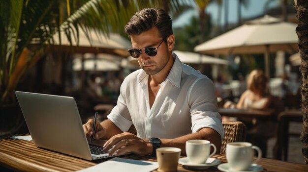 Un homme d'affaires adulte souriant, un dirigeant assis à son bureau avec un ordinateur portable, un professionnel heureux et occupé.