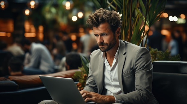 Un homme d'affaires adulte souriant, un dirigeant assis à son bureau avec un ordinateur portable, un professionnel heureux et occupé.