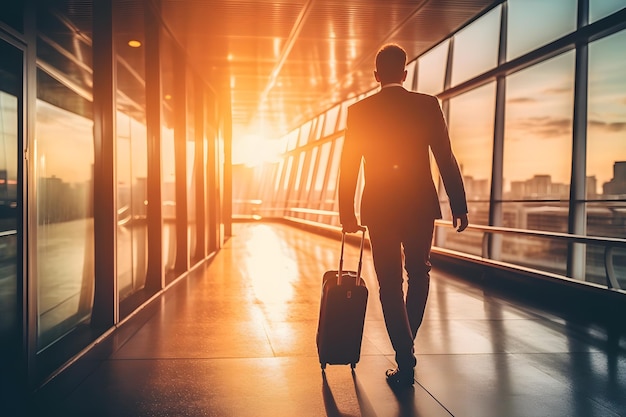 Photo homme d'affaires à l'aéroport international se déplaçant vers la porte de l'aérogare pour un voyage en avion réseau neuronal généré par l'ia