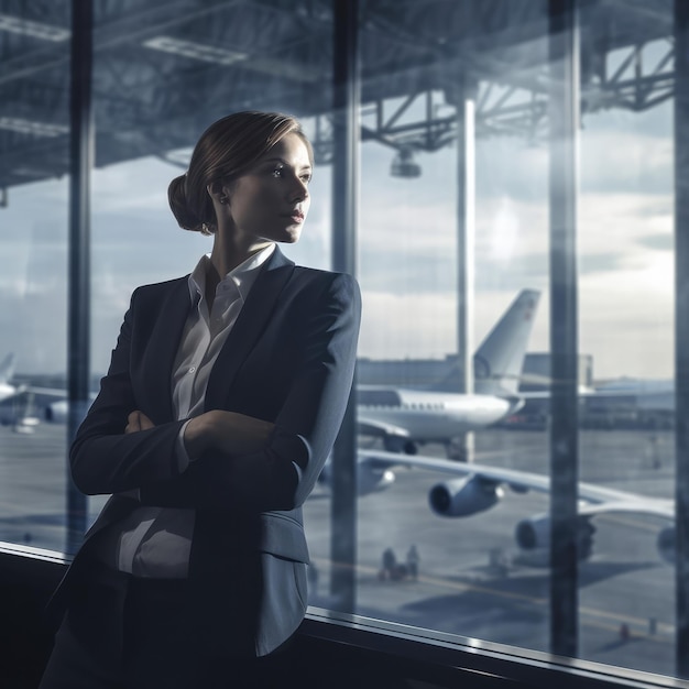 Homme d'affaires de l'aéroport regardant par une grande fenêtre du terminal de l'aéroport à l'ai générative des avions