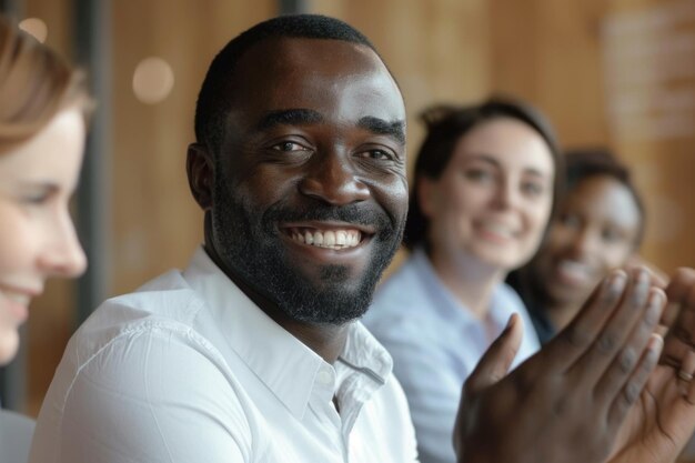 Photo un homme d'affaires afro-américain célèbre le succès d'un projet avec ses collègues