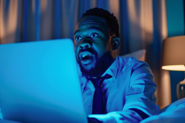 Photo un homme d'affaires afro-américain excité est assis dans une chambre d'hôtel concentré sur la navigation