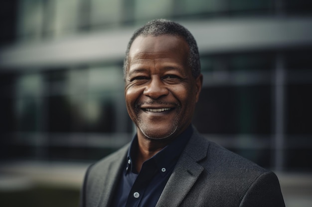 Homme d'affaires afro-américain intelligent mature visage souriant debout dans l'arrière-plan flou de l'immeuble de bureaux moderne Generative AI AIG20