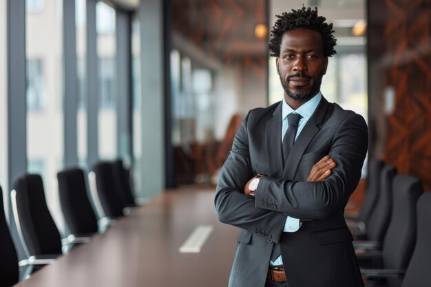 Un homme d'affaires afro-américain prospère se tient debout avec les bras croisés dans le