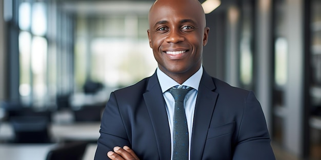 Un homme d'affaires afro-américain souriant se tient au bureau avec les bras croisés.