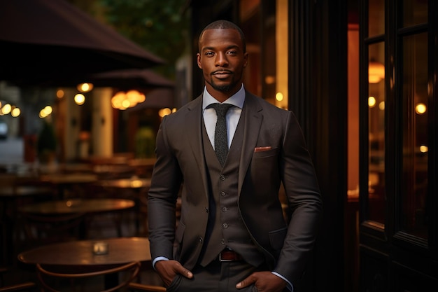 Un homme d'affaires afro-américain sportif dans la rue dans un costume classique avec un bon corps