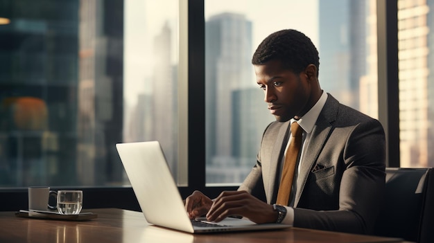 Un homme d'affaires afro-américain travaillant derrière un ordinateur portable dans un centre de bureaux moderne créé avec la technologie d'intelligence artificielle générative
