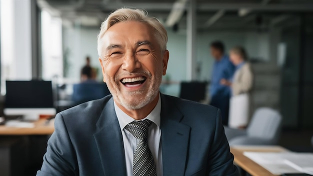 Photo un homme d'affaires âgé heureux riant en regardant la caméra dans un portrait de bureau